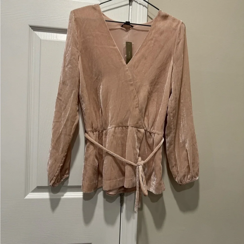 J Crew Women Blush Pink Velvet V-Neck Long Sleeve Top With Tie Size 4